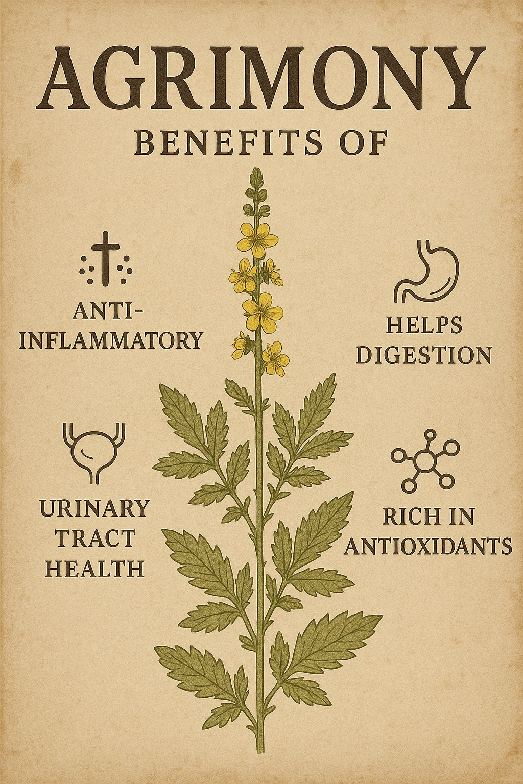 Illustration of agrimony plant with benefits listed on a beige background