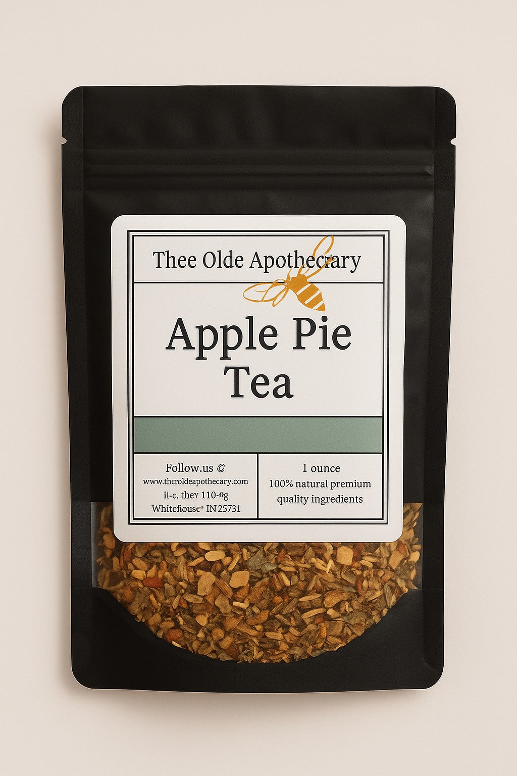 Packaged Apple Pie Tea from Thee Olde Apothecary on a beige background