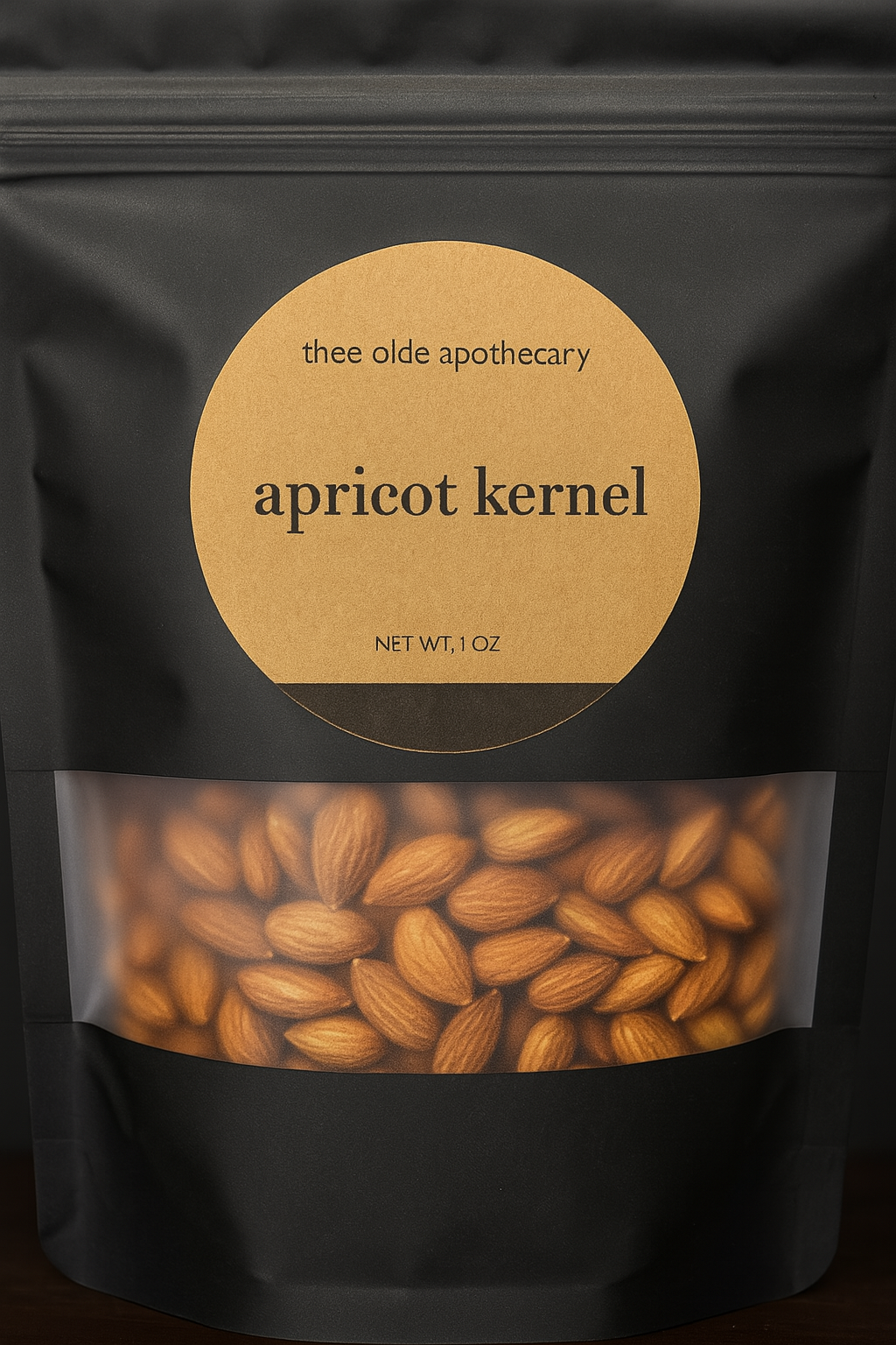 Black packaging of apricot kernel with a clear window showing the product and 'thee olde apothecary' branding.