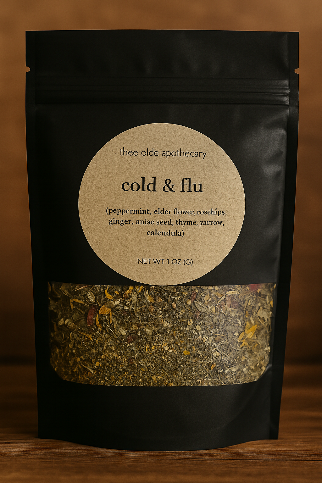 Package of 'cold & flu' herbal mix from thee olde apothecary on a wooden surface.