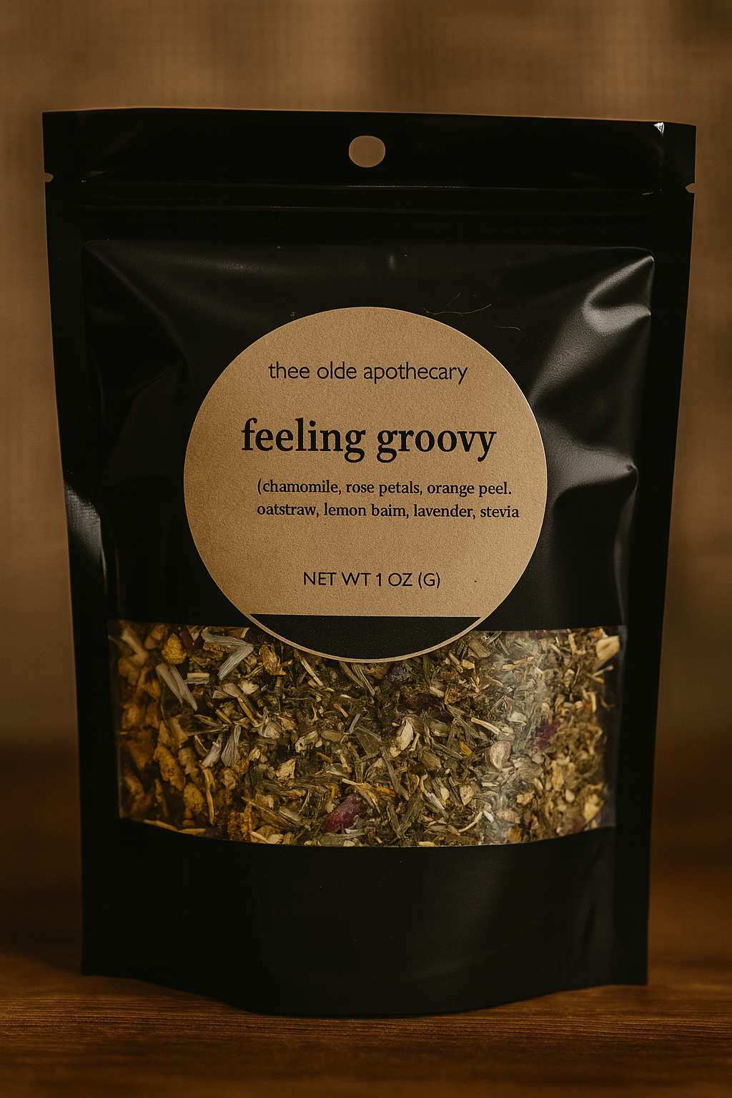Black package of 'feeling groovy' herbal blend from thee olde apothecary on a brown background