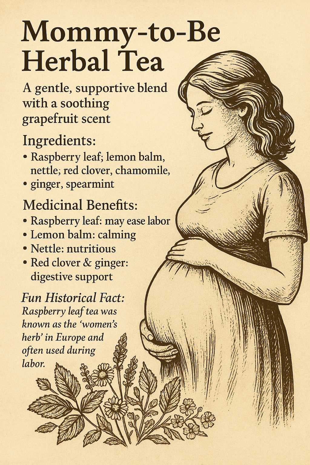 Advertisement for 'Mommy-to-Be Herbal Tea' with a pregnant woman illustration and tea blend details.
