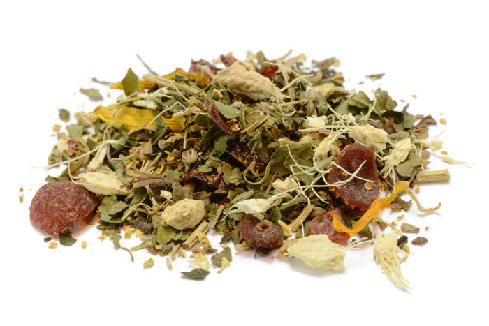 A variety of dried herbs and fruits, including echinacea and elderberry, commonly used for cold and flu relief in a loose tea blend.