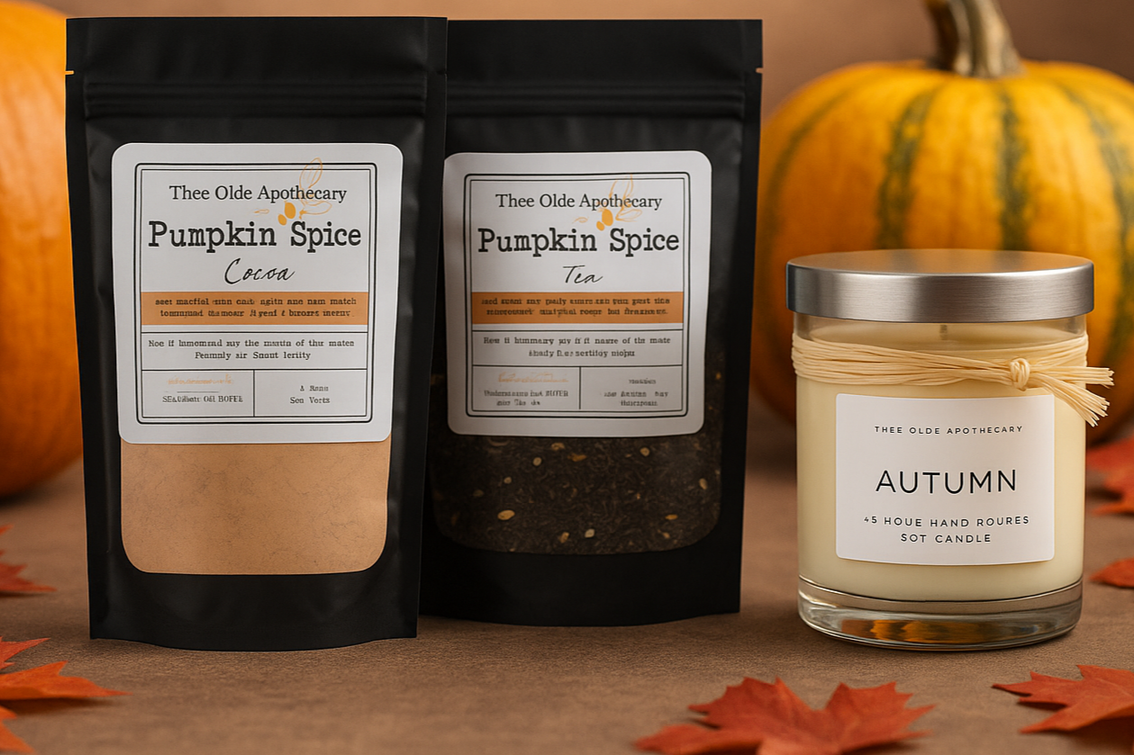 Pumpkin spice products from 'Thee Olde Apothecary' with pumpkins and leaves on a brown background.