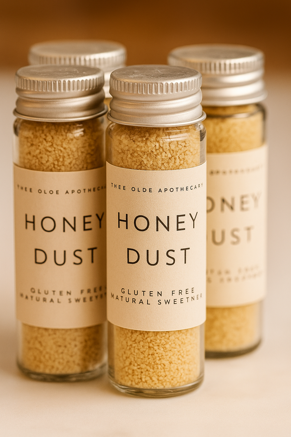 Three bottles of 'Honey Dust' with visible labels on a beige background