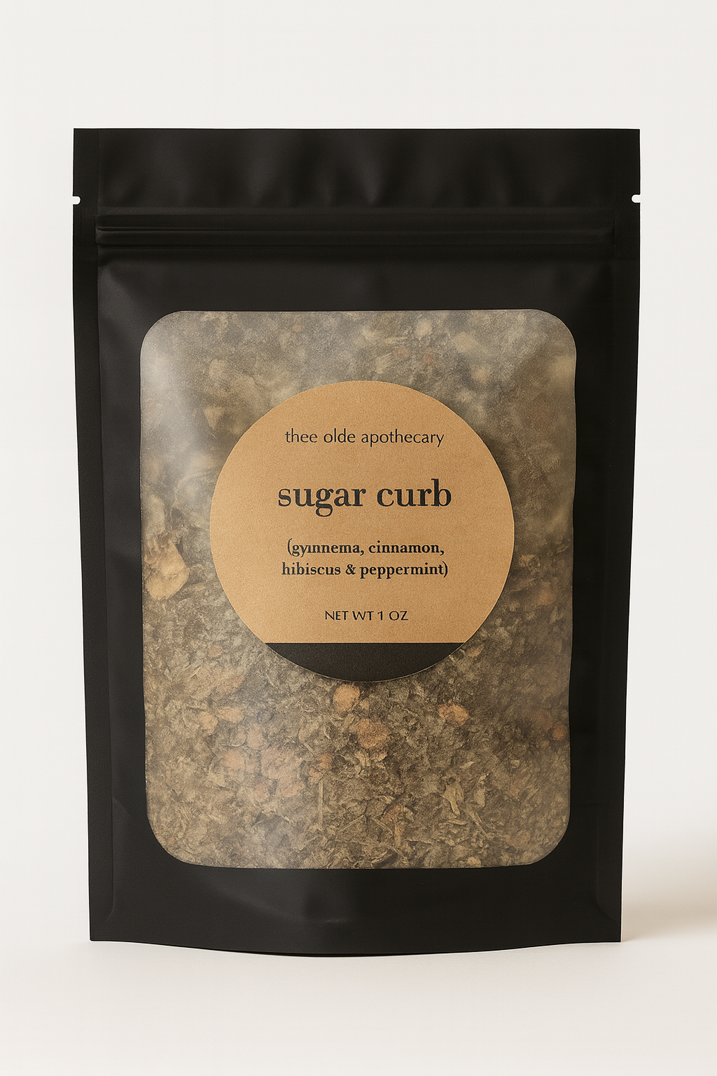 Black packaging of 'sugar curb' from thee olde apothecary on a white background