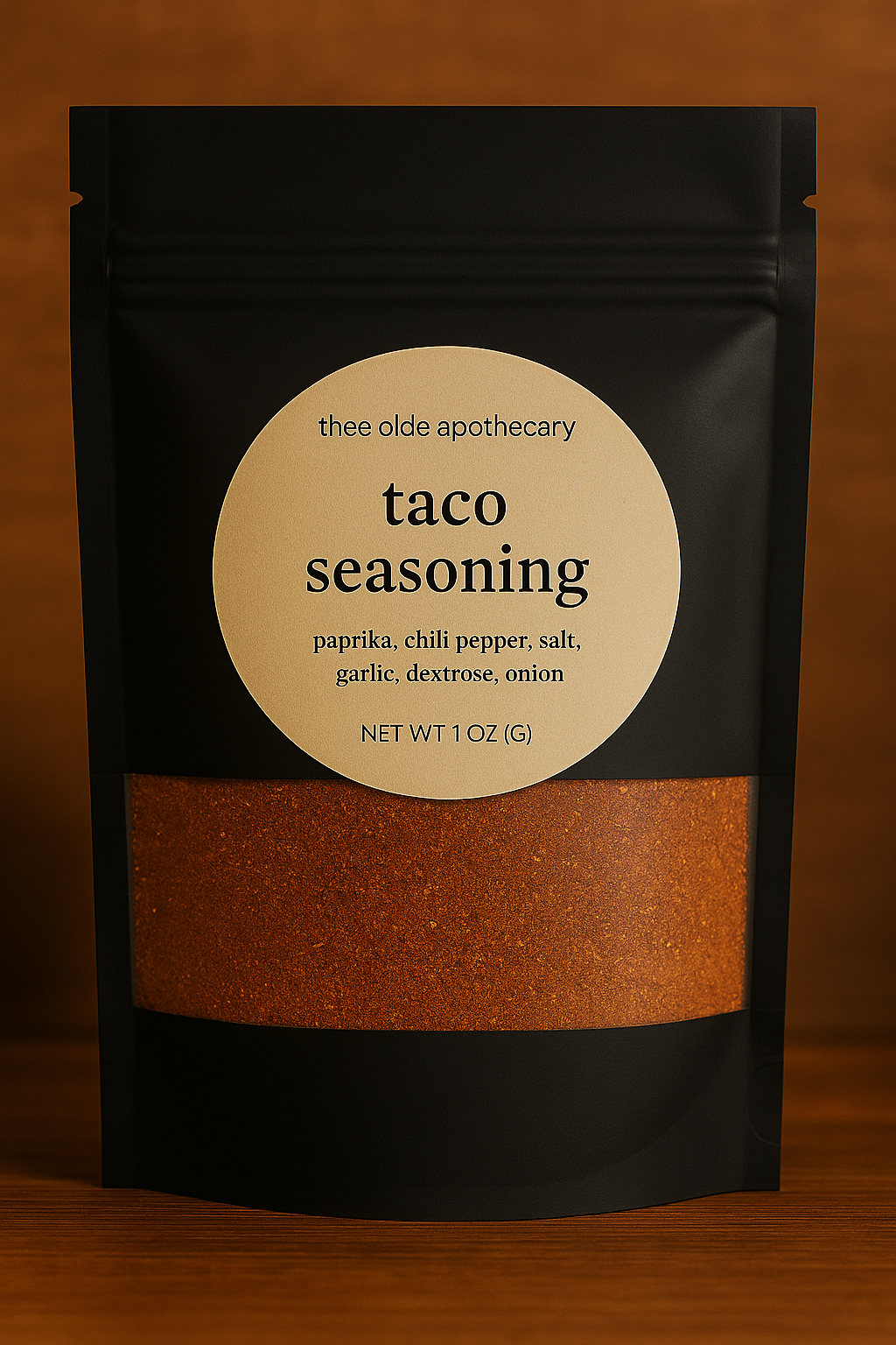 Taco seasoning package with label on a wooden surface